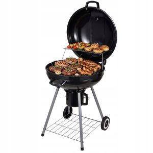 GRILL OGRODOWY WĘGLOWY OKRĄGŁY Z POKRYWĄ Z RUSZTEM TERMOMETR CZARNY LIDO